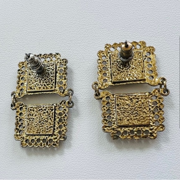 Double Square Linked Black Faux Gem & Gold Tone Filigree Earrings - Picture 3 of 5